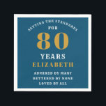 Serviette En Papier 80th Birthday Blue And Gold Ajouter Votre Nom<br><div class="desc">Célébrez ce 80e anniversaire avec style avec ces élégantes serviettes en papier bleu et or. Customisez facilement le texte à l'aide du modèle fourni. Consultez nos autres modèles d'anniversaire pour des idées sur les fournitures et les cadeaux.</div>