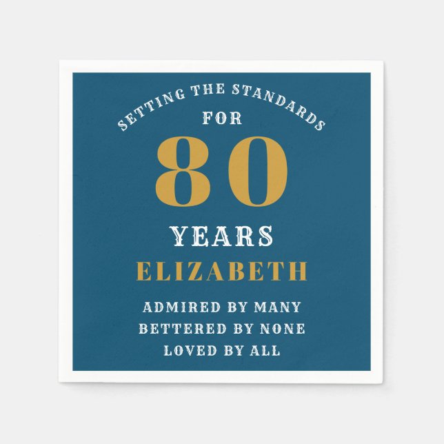 Serviette En Papier 80th Birthday Blue And Gold Ajouter Votre Nom (Devant)