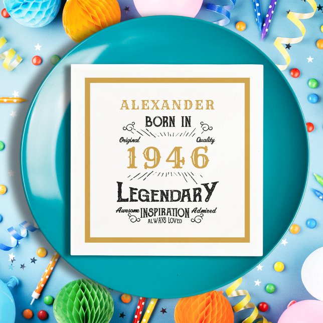 Serviette En Papier 80th Birthday Born 1946 White Gold Legend (Born 1946 napkin on a blue plate.)