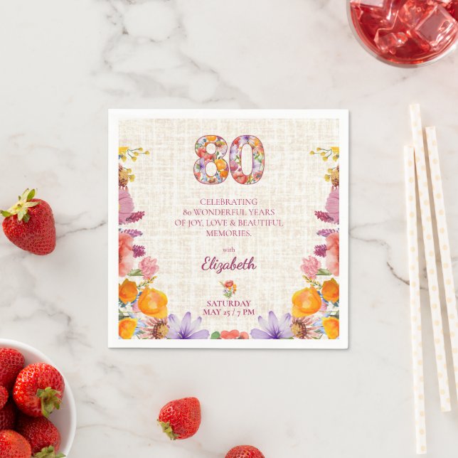 Serviette En Papier 80th Birthday Party - Elegant Floral Number 80 (En situation)