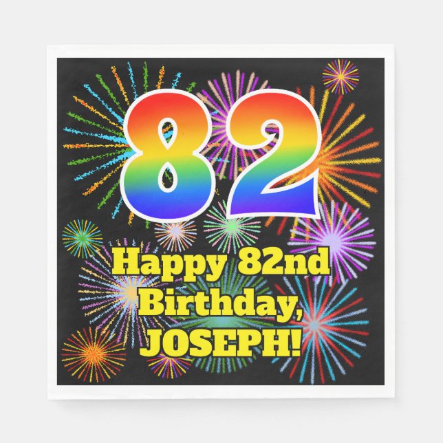 Serviette En Papier 82e anniversaire : Fun Motif Fireworks + Rainbow 8 (Devant)