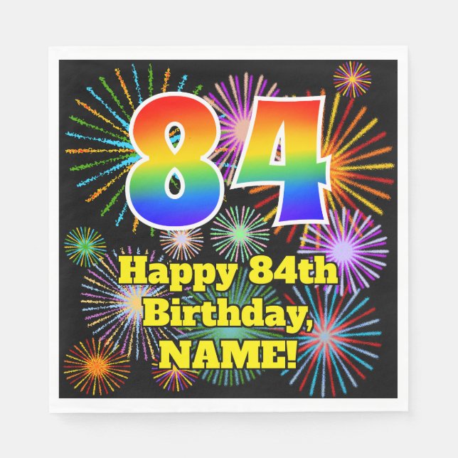 Serviette En Papier 84ème anniversaire : Fun Fireworks Motif + Rainbow (Devant)