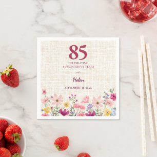 Serviette En Papier 85e anniversaire élégant pour elle - Fleurs en lin