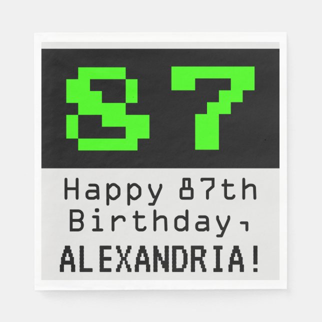 Serviette En Papier 87e anniversaire - Nerdy / Geeky Style "87" & Nom (Devant)