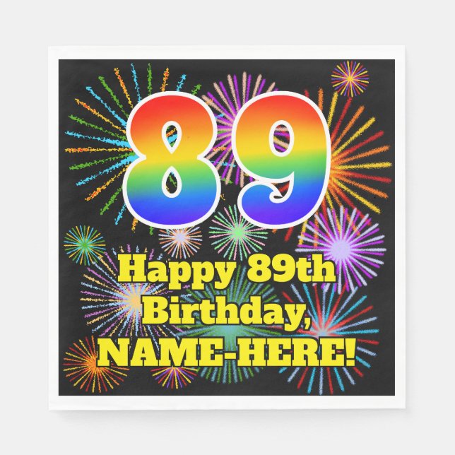 Serviette En Papier 89ème anniversaire : Fun Fireworks Motif + Rainbow (Devant)