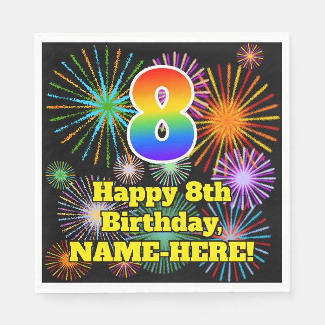 Serviette En Papier 8e anniversaire : Fun Motif Fireworks + Rainbow 8 (Devant)