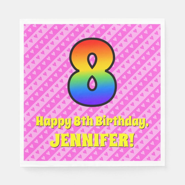 Serviette En Papier 8e anniversaire : Pink Stripes & Hearts, Rainbow # (Devant)