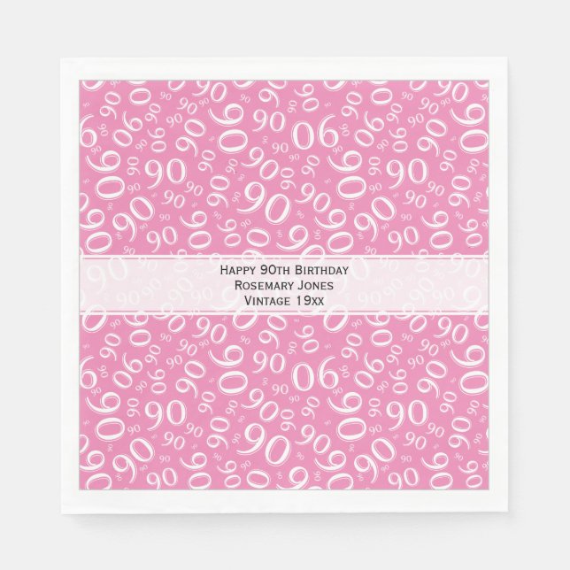 Serviette En Papier 90e anniversaire Cool Numéro Motif rose/blanc (Devant)