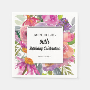 Serviette En Papier 90e anniversaire des femmes florales violettes ros