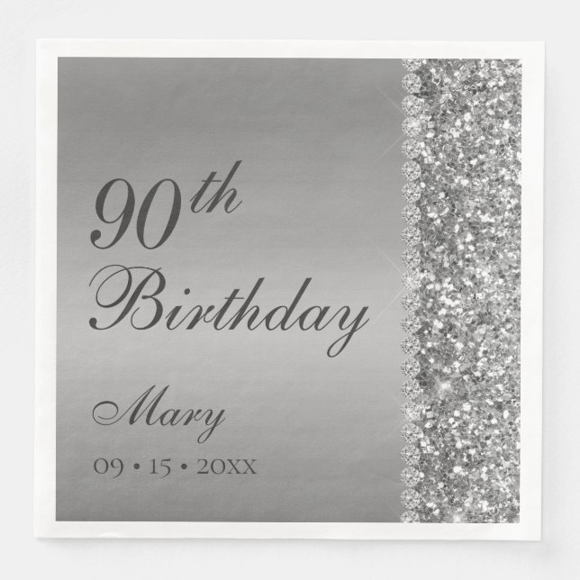 Serviette En Papier 90e anniversaire élégant argent (Devant)