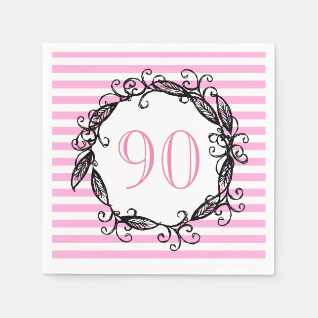 Serviette En Papier 90e anniversaire femme rose blanc noir Tourbillonn (Devant)