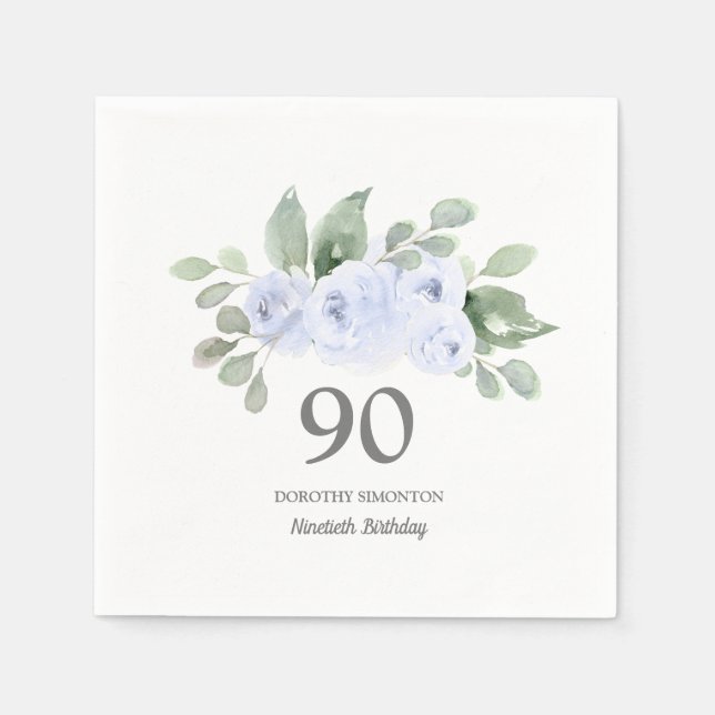 Serviette En Papier 90e anniversaire fête Rose bleu Eucalyptus (Devant)