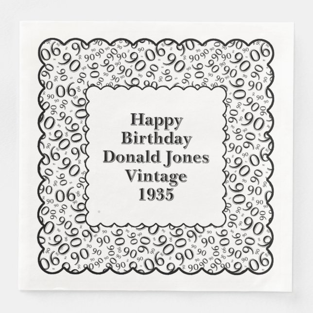 Serviette En Papier 90e anniversaire Numéro Motif pétoncles Noir/Blanc (Devant)