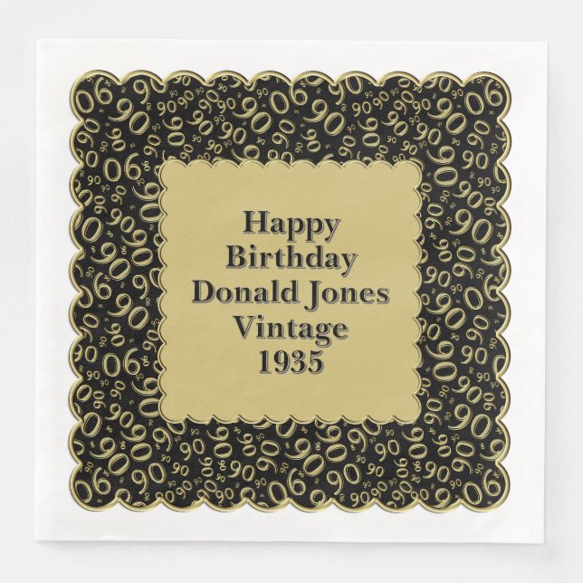 Serviette En Papier 90e anniversaire Numéro Motif pétoncles Noir/Or (Devant)