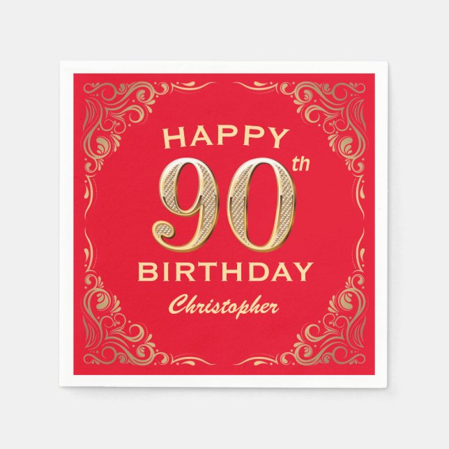 Serviette En Papier 90e anniversaire Parties scintillant rouge et or (Devant)