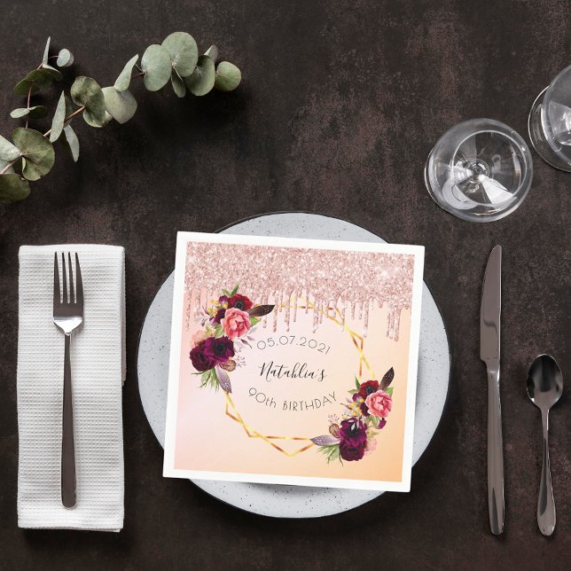 Serviette En Papier 90e anniversaire rose or rose parties scintillant  (Créateur téléchargé)