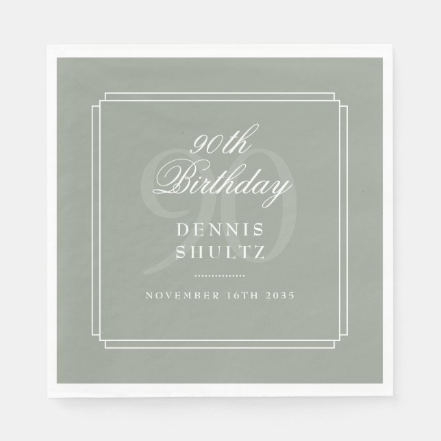 Serviette En Papier 90e fête d'anniversaire Classic Deco Sage Green (Devant)