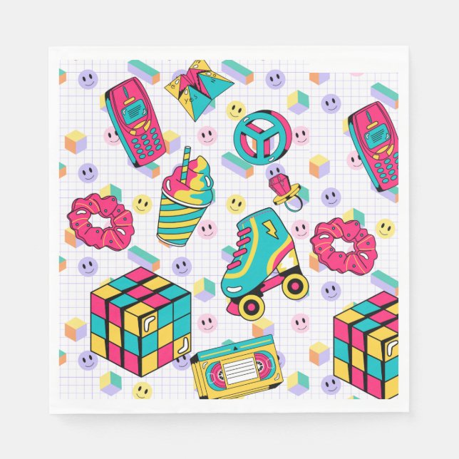 Serviette En Papier 90s Funky Neon Glow Cassette Anniversaire (Devant)