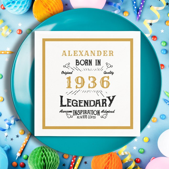 Serviette En Papier 90th Birthday Born 1936 White Gold Legend (Born 1936 Napkin on a blue plate.)