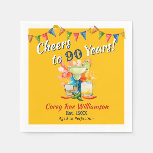 Serviette En Papier 90th Birthday Modern Fiesta Cheers to 90 Years  (Devant)
