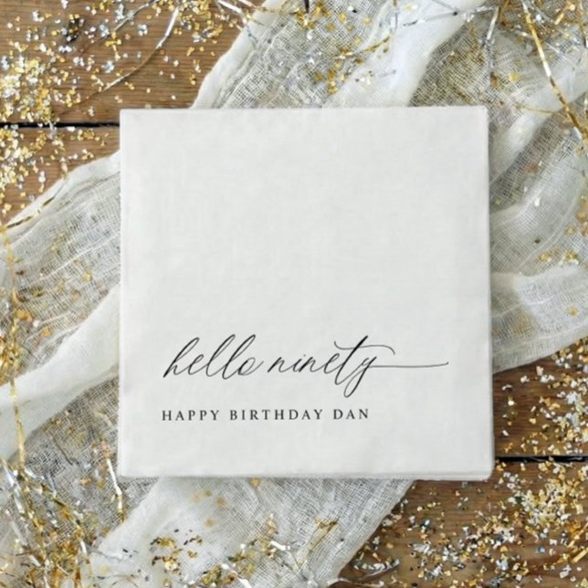 Serviette En Papier 90th Birthday Party Hello 90 Modern Milestone (90th birthday party napkins - elegant modern black and white hello ninety birthday party decor.)