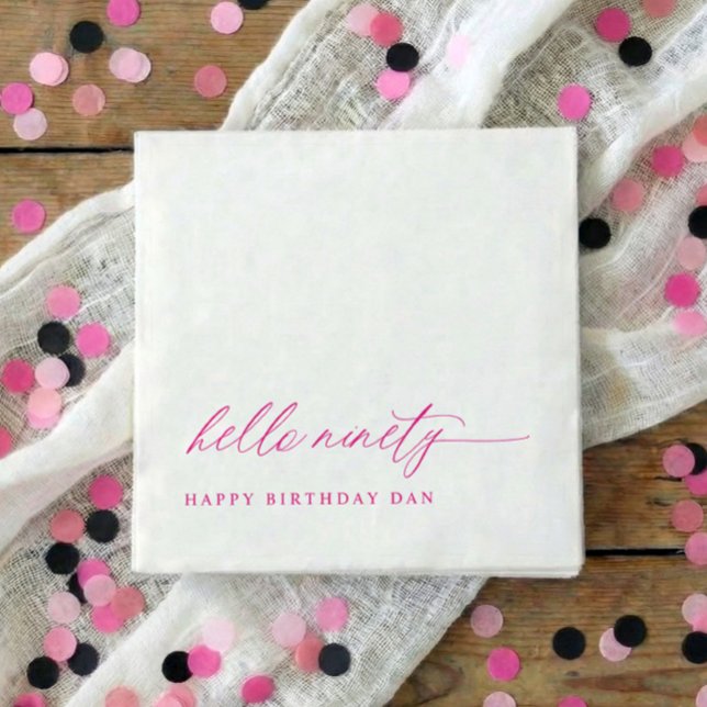 Serviette En Papier 90th Birthday Party Pink Hello 90 Modern Elegant (Pink hello 90 minimalist script 90th birthday party napkins)