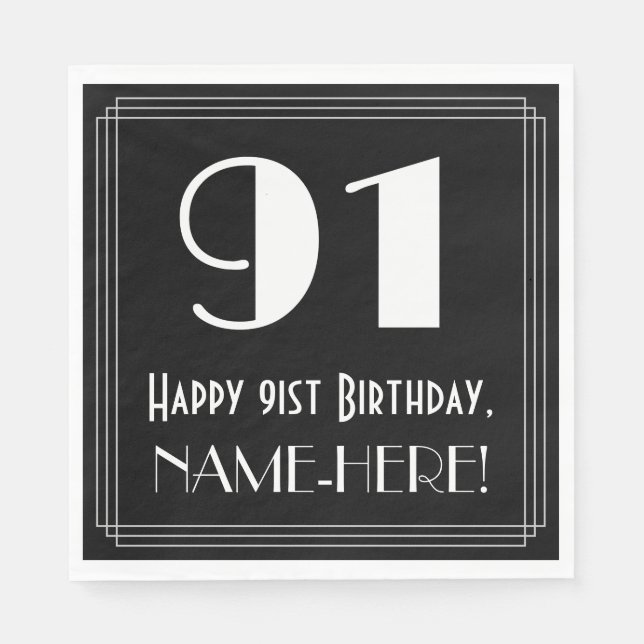 Serviette En Papier 91e anniversaire ~ Art Déco Inspiré Look "91", Nom (Devant)