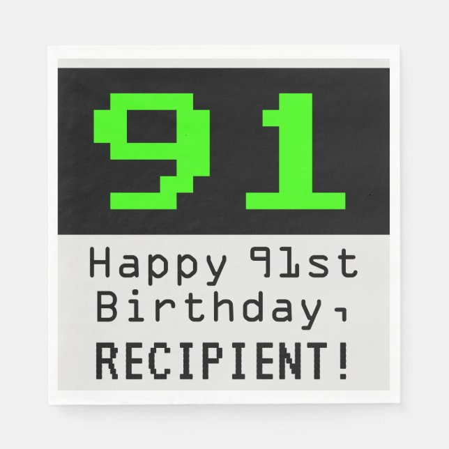 Serviette En Papier 91e anniversaire - Nerdy / Geeky Style "91" & Nom (Devant)