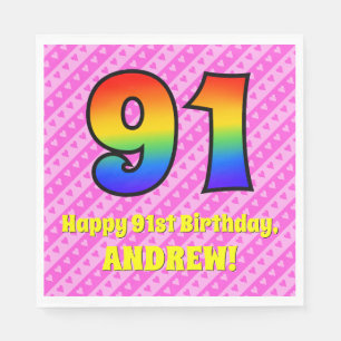Serviette En Papier 91e anniversaire : Pink Stripes & Hearts, Rainbow 