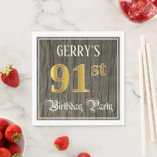 Serviette En Papier 91e fête d'anniversaire — Faux Gold & Faux Wood Lo