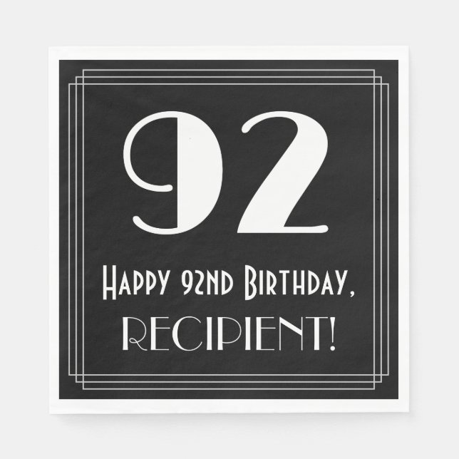 Serviette En Papier 92e anniversaire ~ Art Déco Inspiré Look "92", Nom (Devant)