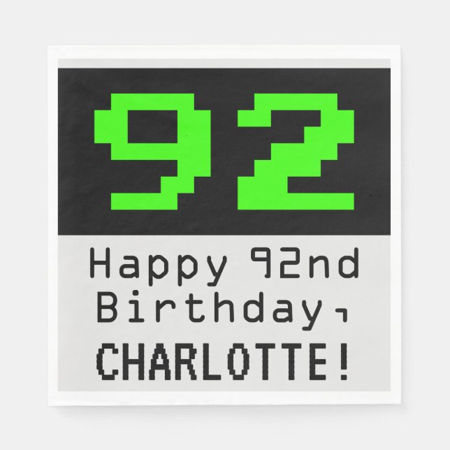 Serviette En Papier 92e anniversaire - Nerdy / Geeky Style "92" & Nom (Devant)