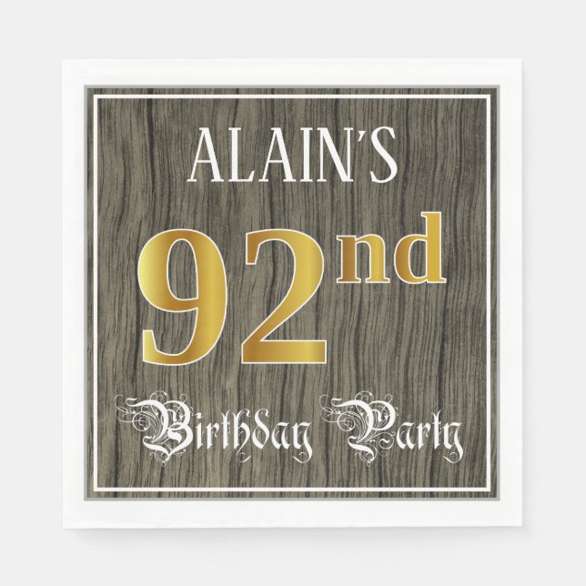 Serviette En Papier 92e fête d'anniversaire — Faux Gold & Faux Wood Lo (Devant)