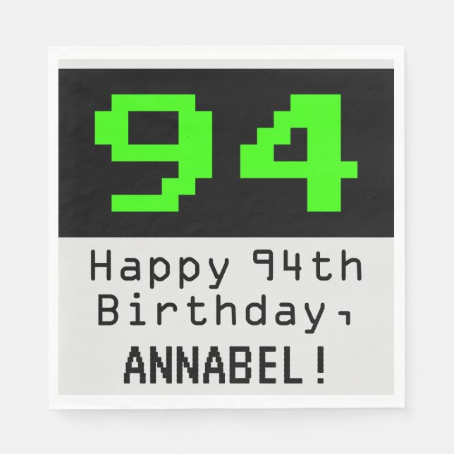 Serviette En Papier 94e anniversaire - Nerdy / Geeky Style "94" & Nom (Devant)