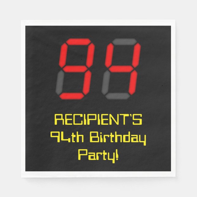 Serviette En Papier 94ème anniversaire : Rouge Digital Clock Style "94 (Devant)