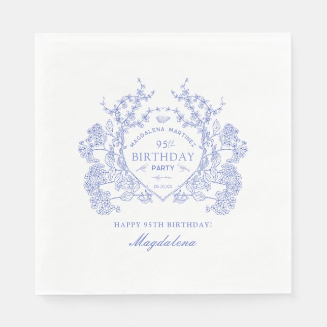 Serviette En Papier 95e anniversaire Français Blue Floral Crest Custom (Devant)