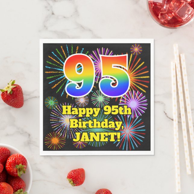 Serviette En Papier 95e anniversaire : Fun Fireworks Motif + Rainbow 9 (En situation)