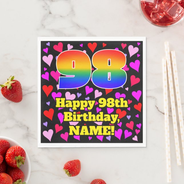 Serviette En Papier 98e anniversaire : Amour Hearts Motif, Arc-en-ciel (En situation)