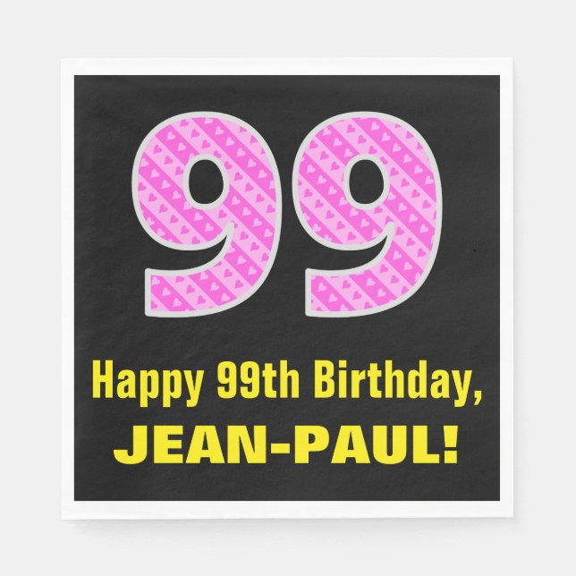 Serviette En Papier 99e anniversaire : Pink Stripes and Hearts "99" +  (Devant)
