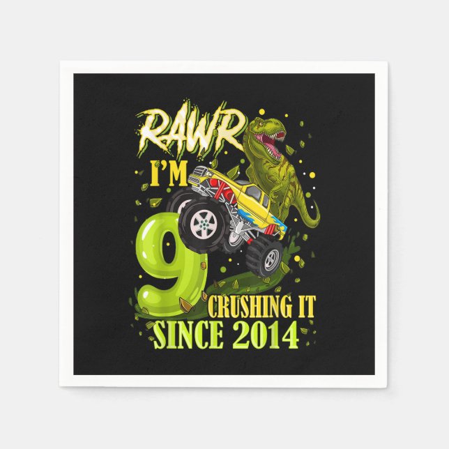 Serviette En Papier 9 ans Dinosaur Trex Monster Truck 9e anniversaire (Devant)