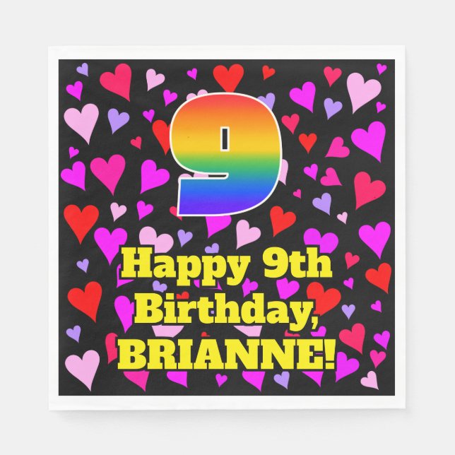 Serviette En Papier 9e anniversaire : Amour Hearts Motif, Arc-en-ciel  (Devant)