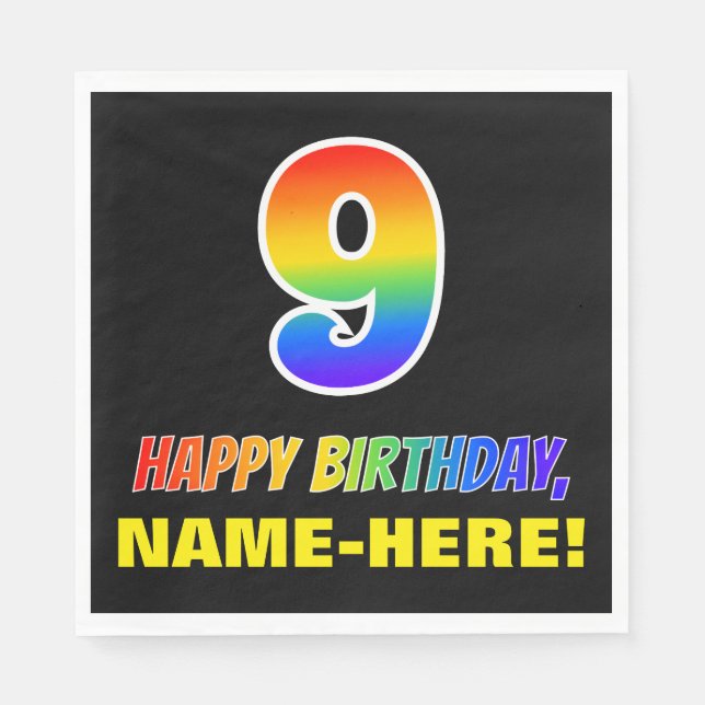 Serviette En Papier 9e anniversaire : Bold, amusant, simple, arc-en-ci (Devant)