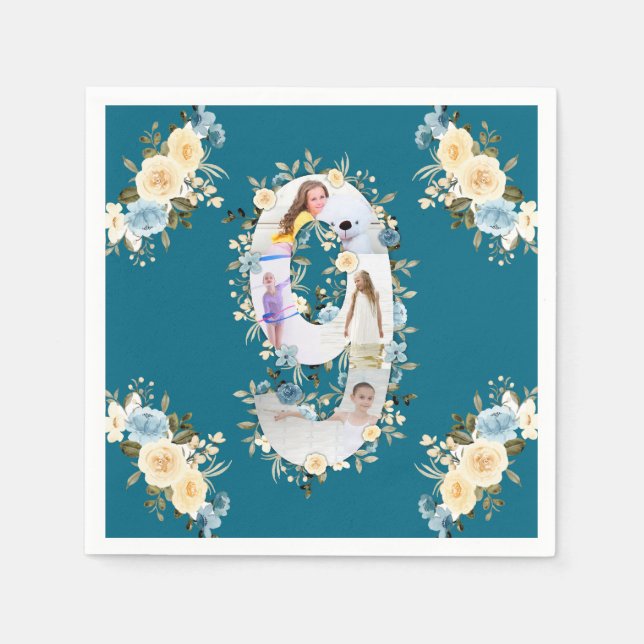 Serviette En Papier 9e anniversaire Turquoise photo Collage bleu jaune (Devant)