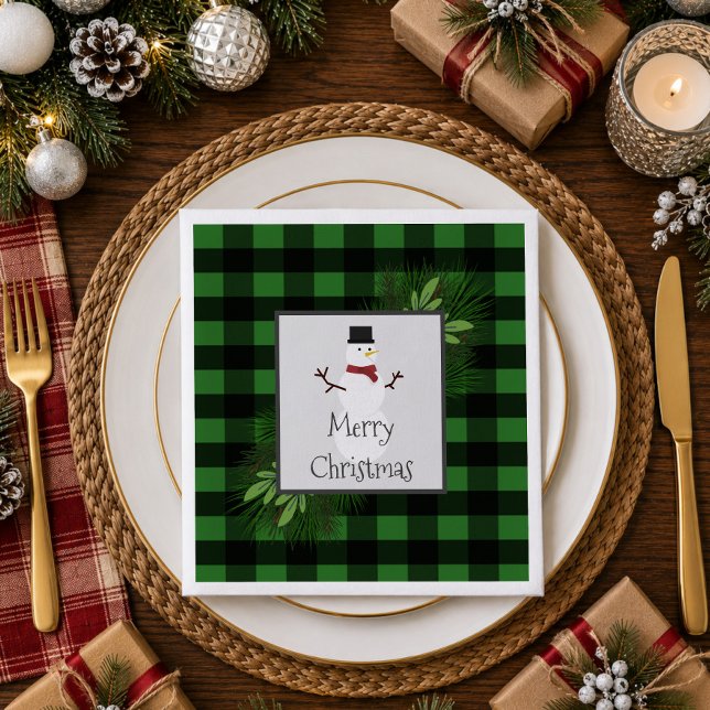 Serviette en papier à carreaux buffle vert bonhomm (Snowman Green Buffalo Plaid Paper Napkins)