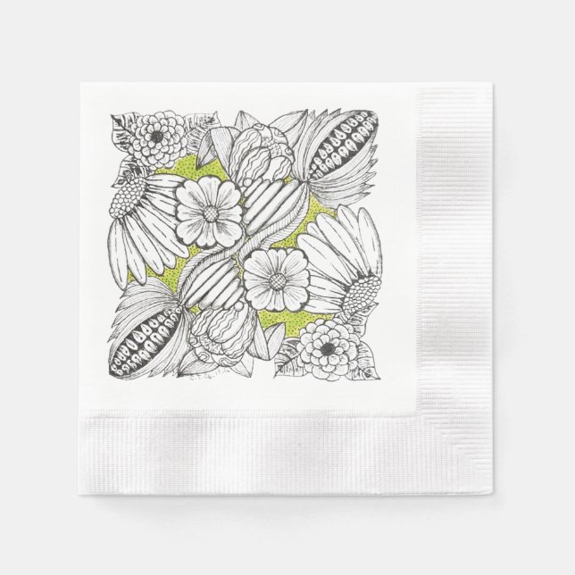 Serviette en papier à gribouillis de fleurs noir e (Devant)