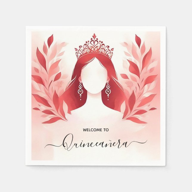 Serviette En Papier À Hot rose Crown Tiara Black Lace Red Quinceanera (Devant)