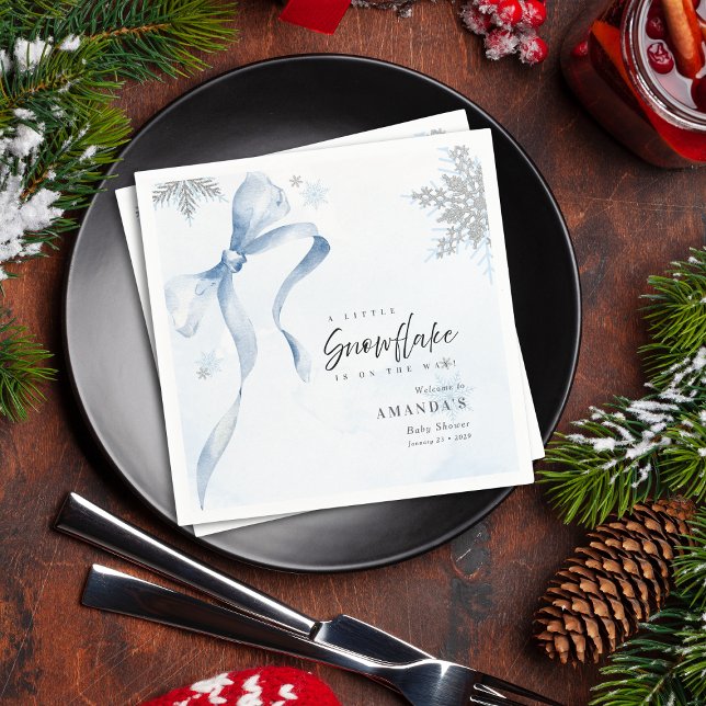 Serviette En Papier A little Snowflake Blue Bow Glitter Baby Shower  (Créateur téléchargé)