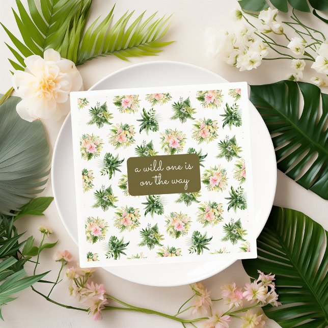 Serviette En Papier A Wild One se trouve sur le Baby shower Tropique d (paper napkin with tropical flowers & leaves pattern + a box to add your custom text for baby shower)