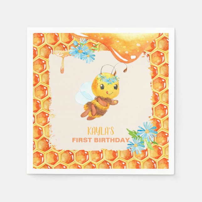 Serviette En Papier Abeille Anniversaire Napkin - Fille - Personnalisé (Devant)