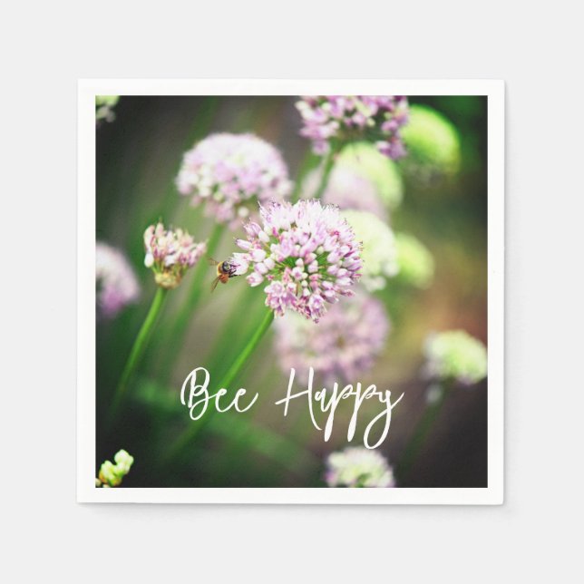 Serviette En Papier Abeille heureuse avec des fleurs d'Allium diagonal (Devant)